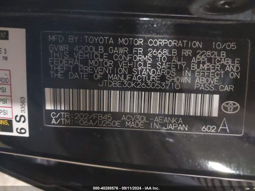 JTDBE30K263053710 2006 Toyota Camry Le