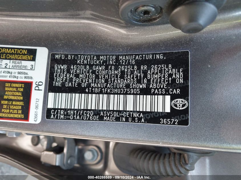 4T1BF1FK3HU375905 2017 Toyota Camry Le