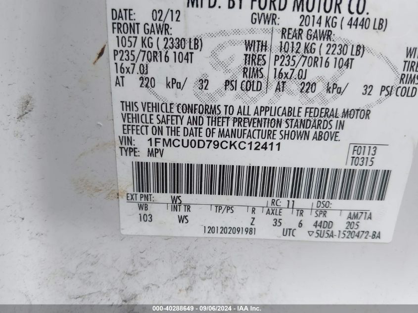 1FMCU0D79CKC12411 2012 Ford Escape Xlt