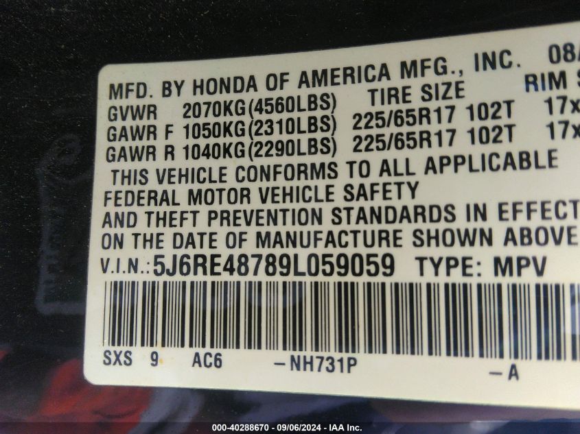 2009 Honda Cr-V Ex-L VIN: 5J6RE48789L059059 Lot: 40288670