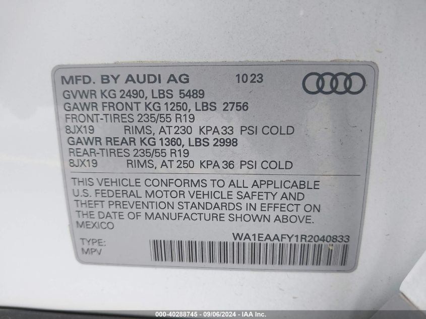 2024 Audi Q5 Premium Plus 45 Tfsi S Line Quattro VIN: WA1EAAFY1R2040833 Lot: 40288745