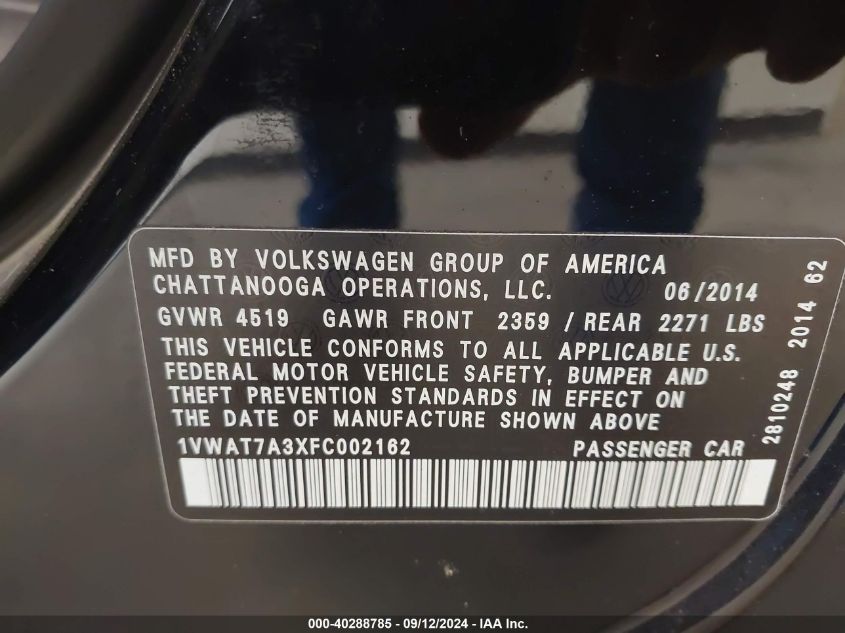 1VWAT7A3XFC002162 2015 Volkswagen Passat S