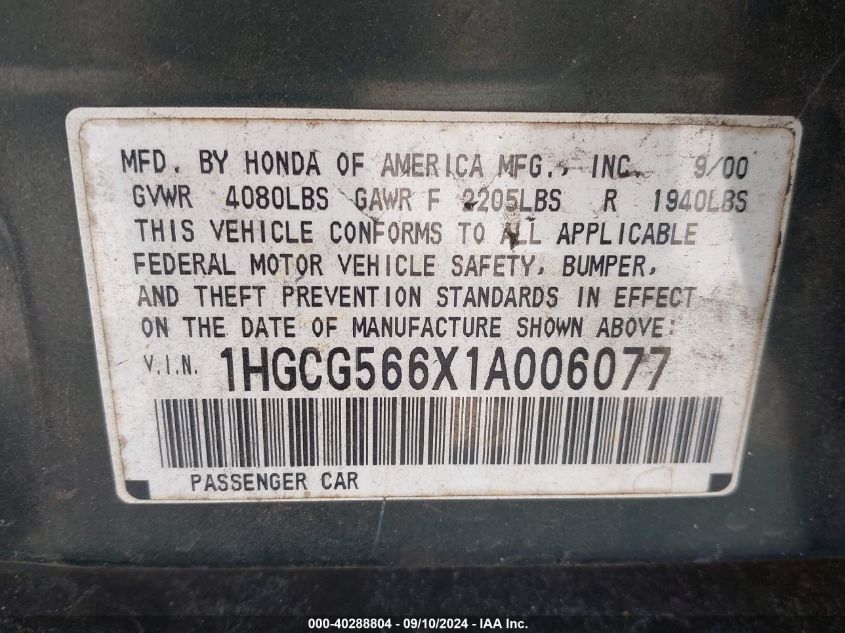 2001 Honda Accord 2.3 Ex VIN: 1HGCG566X1A006077 Lot: 40288804