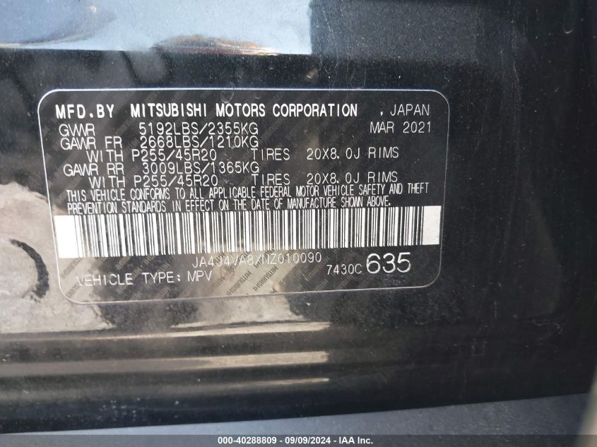 2022 Mitsubishi Outlander Sel 2.5 S-Awc VIN: JA4J4VA8XNZ010090 Lot: 40288809