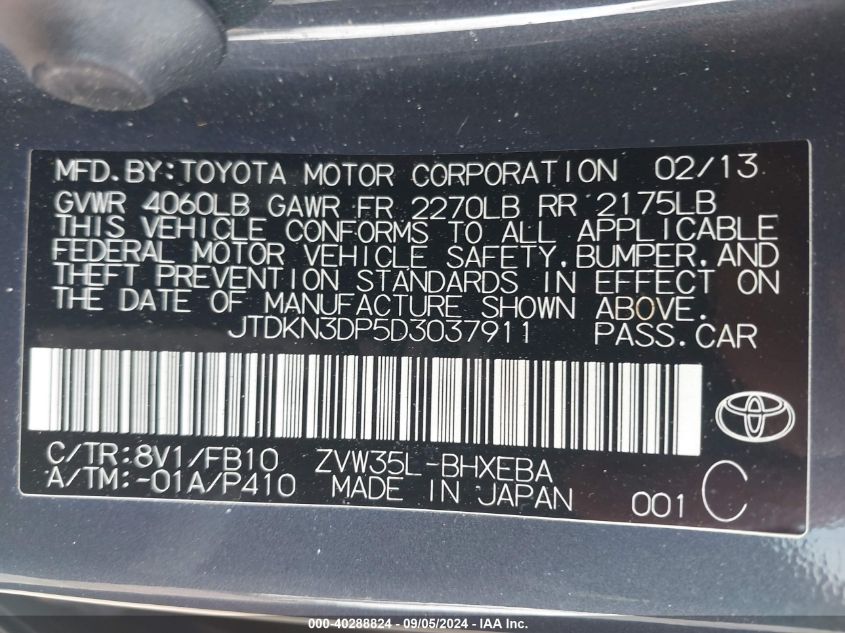 2013 Toyota Prius Plug-In VIN: JTDKN3DP5D3037911 Lot: 40288824