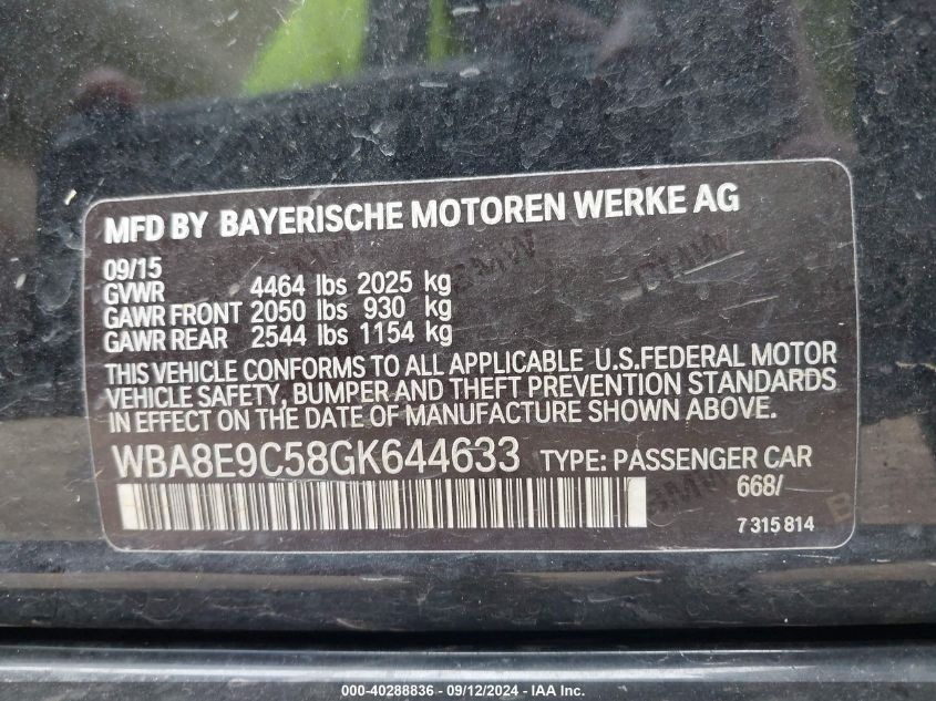 2016 BMW 328I VIN: WBA8E9C58GK644633 Lot: 40288836