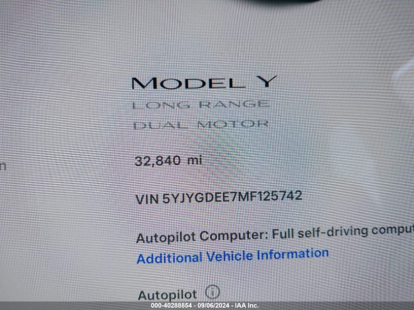 2021 Tesla Model Y Long Range Dual Motor All-Wheel Drive VIN: 5YJYGDEE7MF125742 Lot: 40288854