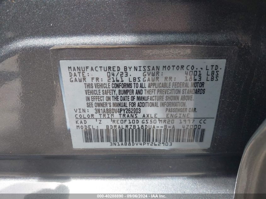 2023 Nissan Sentra Sr Xtronic Cvt VIN: 3N1AB8DV4PY262903 Lot: 40288890