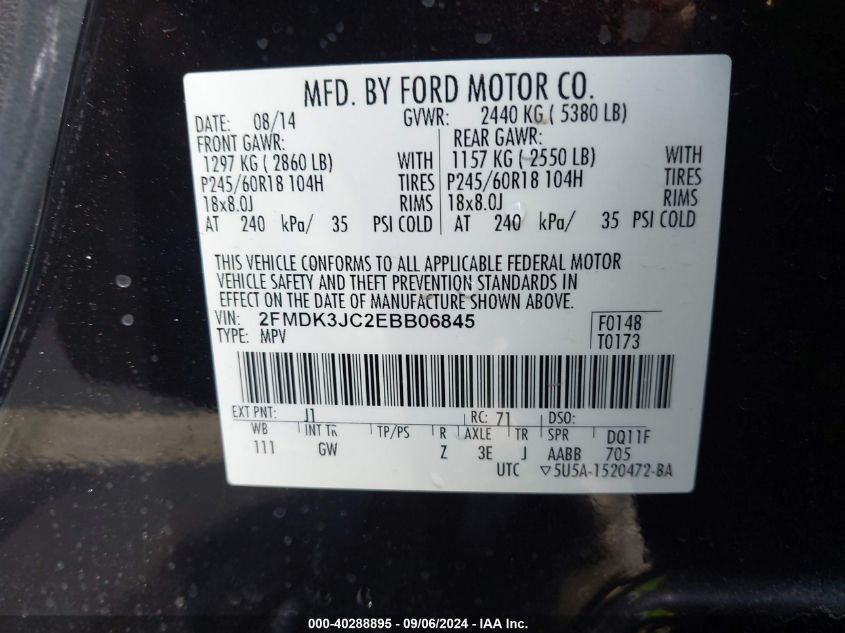 2014 Ford Edge Sel VIN: 2FMDK3JC2EBB06845 Lot: 40288895