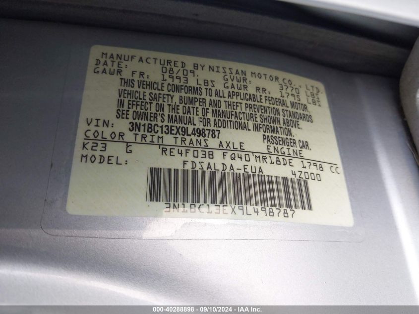 2009 Nissan Versa S/Sl VIN: 3N1BC13EX9L498787 Lot: 40288898