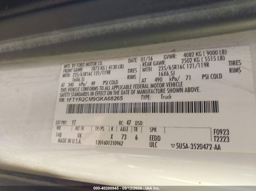 1FTYR2CM9GKA68265 2016 Ford Transit T-250