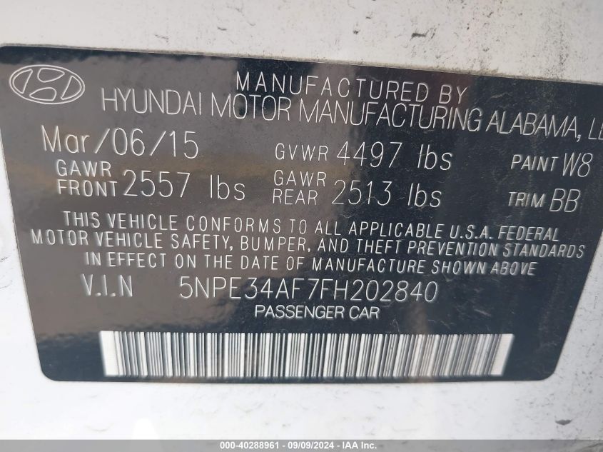 2015 Hyundai Sonata Limited VIN: 5NPE34AF7FH202840 Lot: 40288961