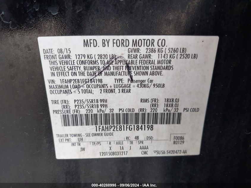 1FAHP2E81FG184198 2015 Ford Taurus Sel