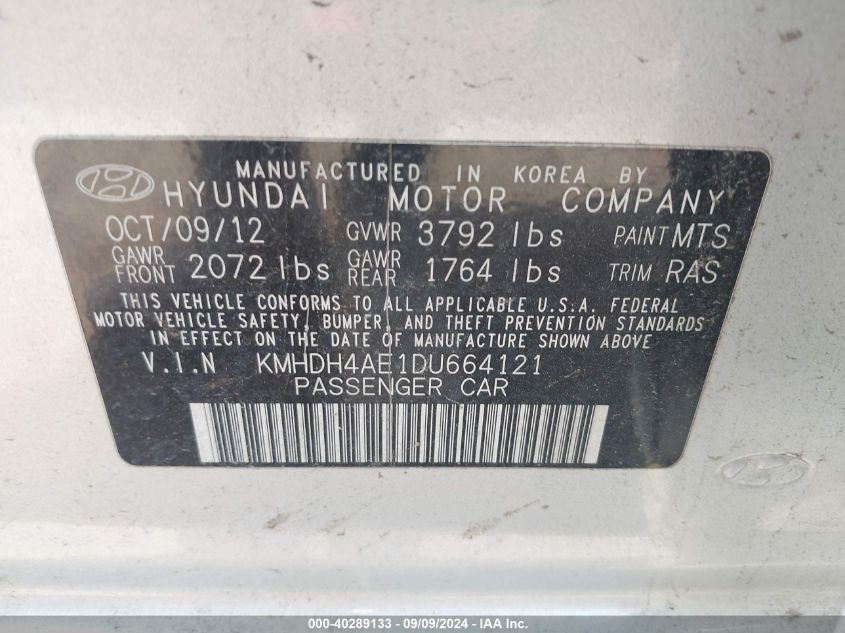 2013 Hyundai Elantra Gls VIN: KMHDH4AE1DU664121 Lot: 40289133