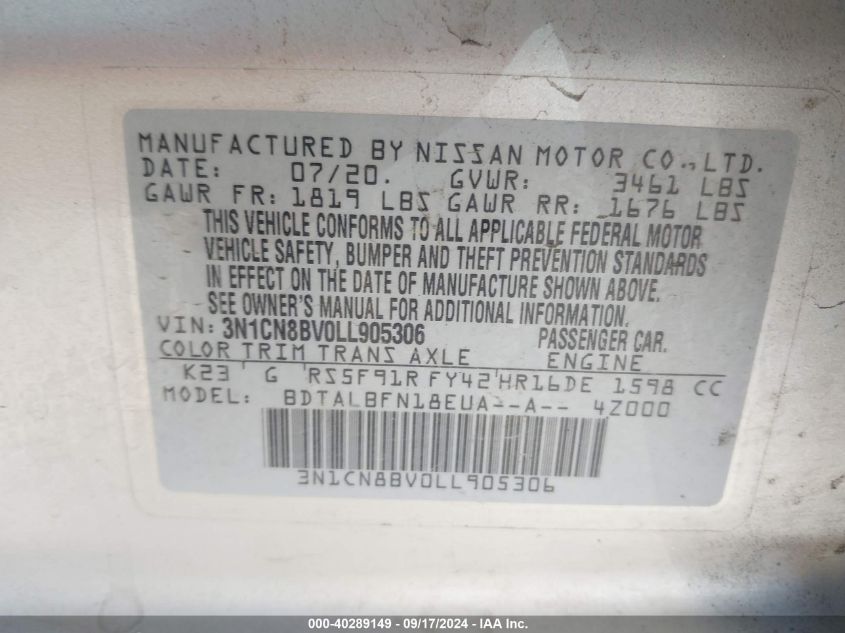 2020 Nissan Versa S 5-Speed Manual Transmission VIN: 3N1CN8BV0LL905306 Lot: 40289149