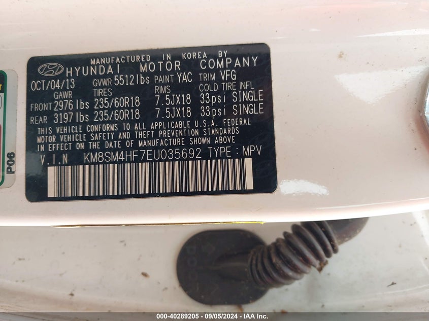 2014 Hyundai Santa Fe Gls VIN: KM8SM4HF7EU035692 Lot: 40289205