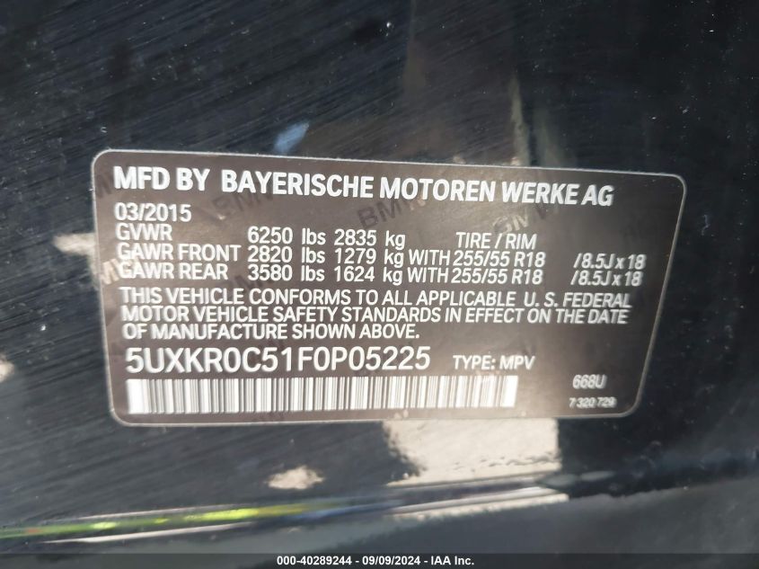 2015 BMW X5 xDrive35I VIN: 5UXKR0C51F0P05225 Lot: 40289244