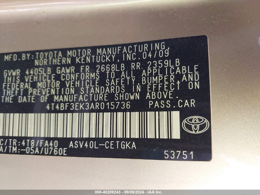 4T4BF3EK3AR015736 2010 Toyota Camry Xle