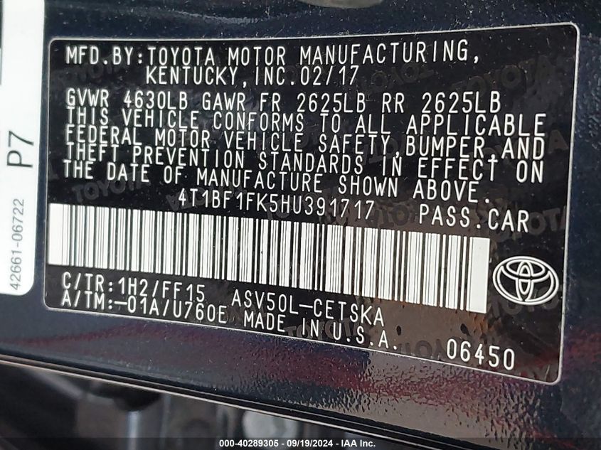 4T1BF1FK5HU391717 2017 Toyota Camry Se