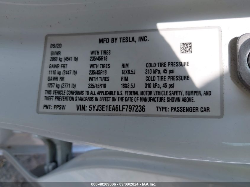 2020 Tesla Model 3 Standard Range Plus Rear-Wheel Drive/Standard Range Rear-Wheel Drive VIN: 5YJ3E1EA6LF797236 Lot: 40289386