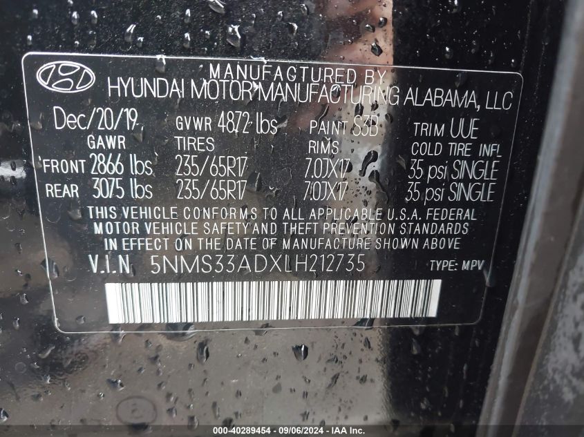 5NMS33ADXLH212735 2020 Hyundai Santa Fe Sel