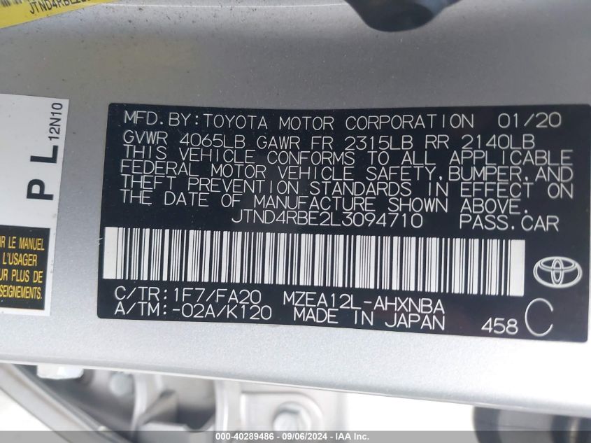 2020 Toyota Corolla Se VIN: JTND4RBE2L3094710 Lot: 40289486