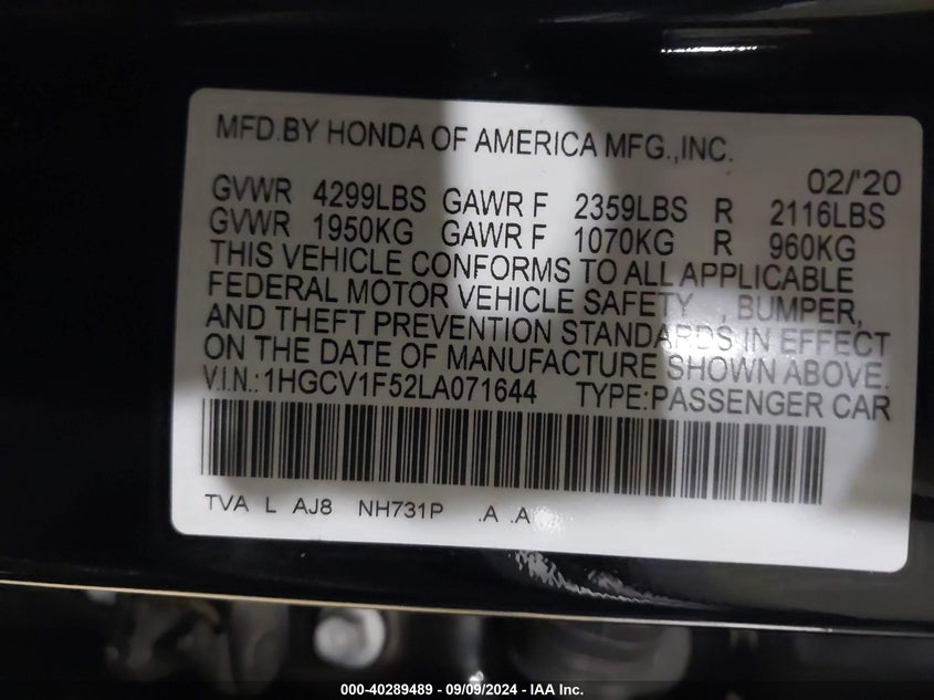 2020 HONDA ACCORD EX-L - 1HGCV1F52LA071644