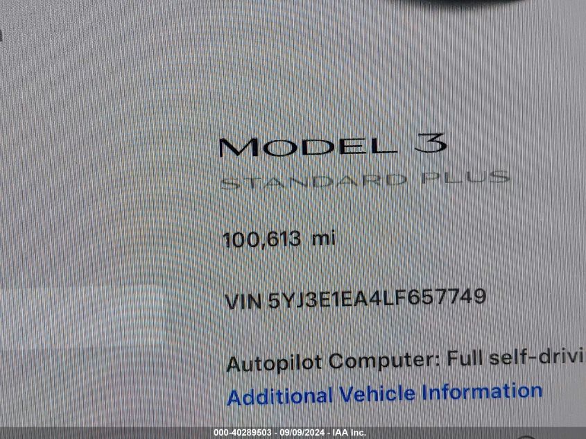 2020 Tesla Model 3 Standard Range Plus Rear-Wheel Drive/Standard Range Rear-Wheel Drive VIN: 5YJ3E1EA4LF657749 Lot: 40289503