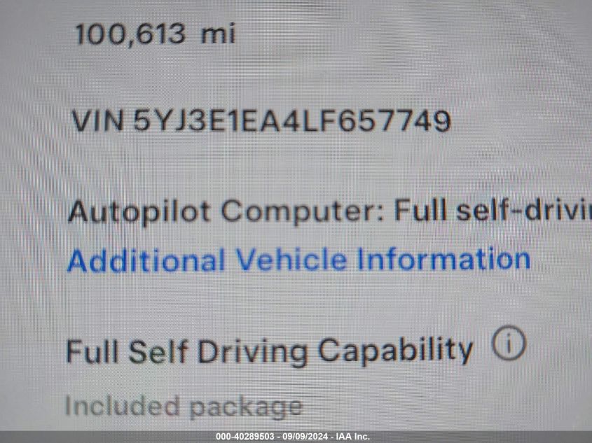 2020 Tesla Model 3 Standard Range Plus Rear-Wheel Drive/Standard Range Rear-Wheel Drive VIN: 5YJ3E1EA4LF657749 Lot: 40289503