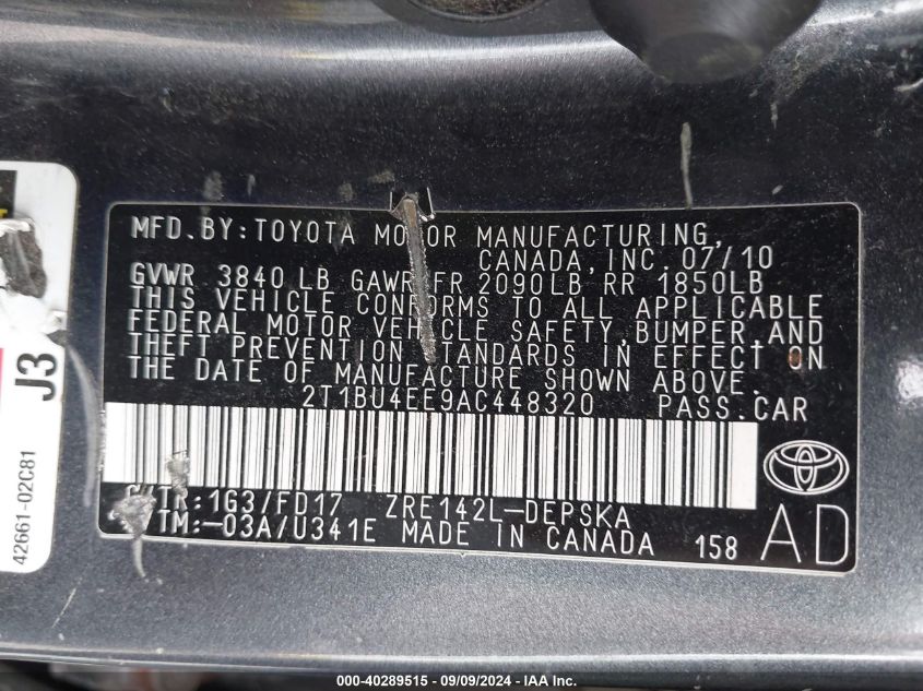 2010 Toyota Corolla S VIN: 2T1BU4EE9AC448320 Lot: 40289515