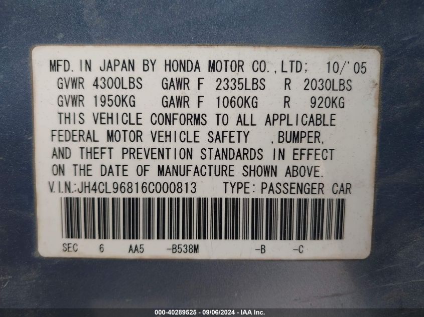 2006 Acura Tsx VIN: JH4CL96816C000813 Lot: 40289525