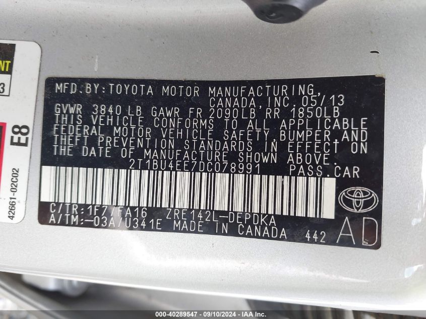 2013 Toyota Corolla L VIN: 2T1BU4EE7DC078991 Lot: 40289547