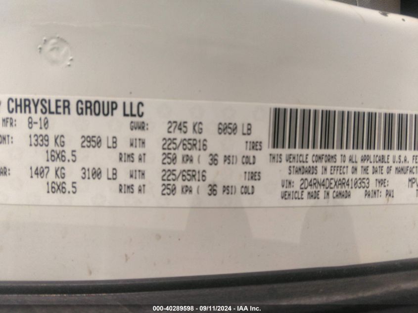 2010 Dodge Grand Caravan Se VIN: 2D4RN4DEXAR410353 Lot: 40289598