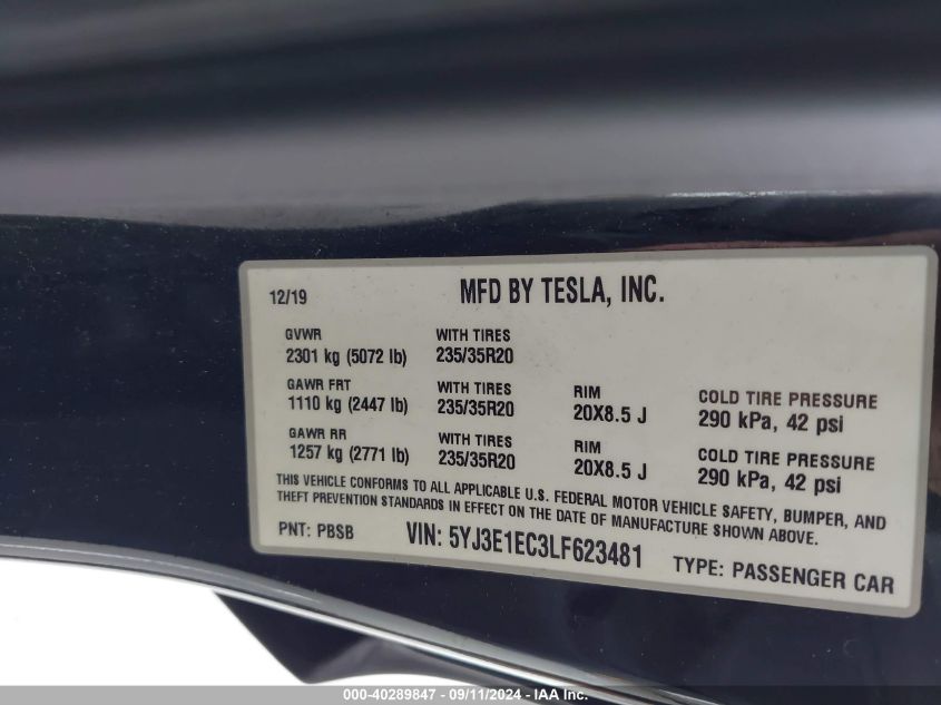 2020 Tesla Model 3 VIN: 5YJ3E1EC3LF623481 Lot: 40289847