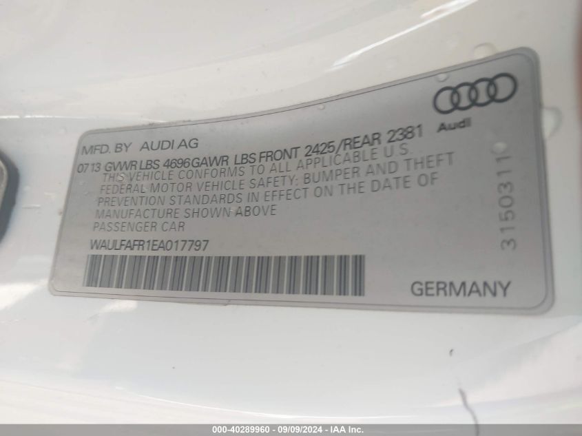 2014 Audi A5 2.0T Premium VIN: WAULFAFR1EA017797 Lot: 40289960