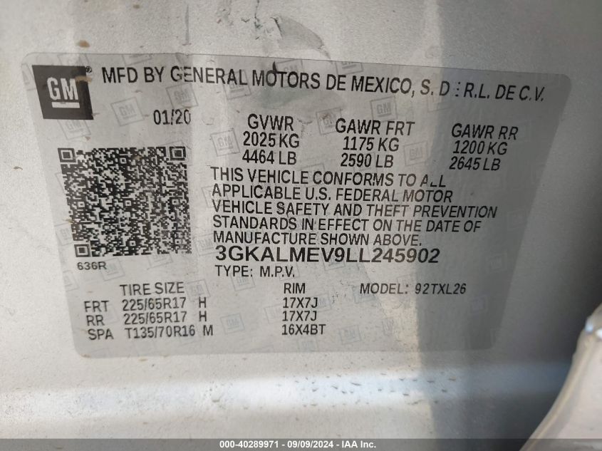 3GKALMEV9LL245902 2020 GMC Terrain Fwd Sle