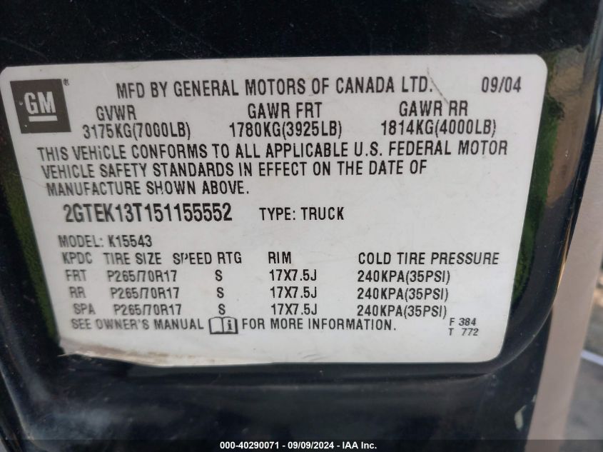 2GTEK13T151155552 2005 GMC Sierra 1500 Sle