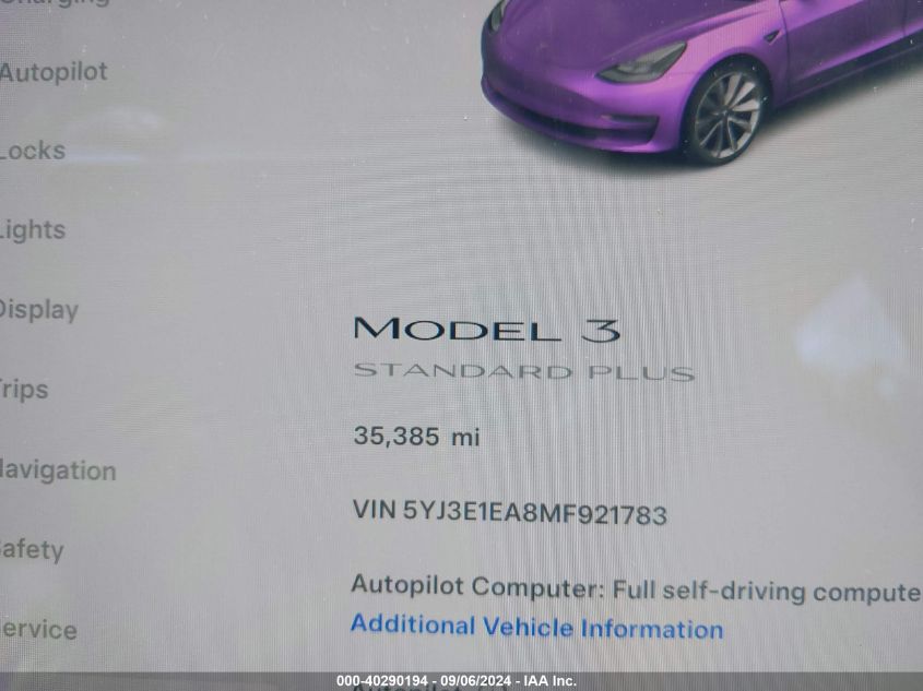 2021 Tesla Model 3 Standard Range Plus Rear-Wheel Drive VIN: 5YJ3E1EA8MF921783 Lot: 40290194