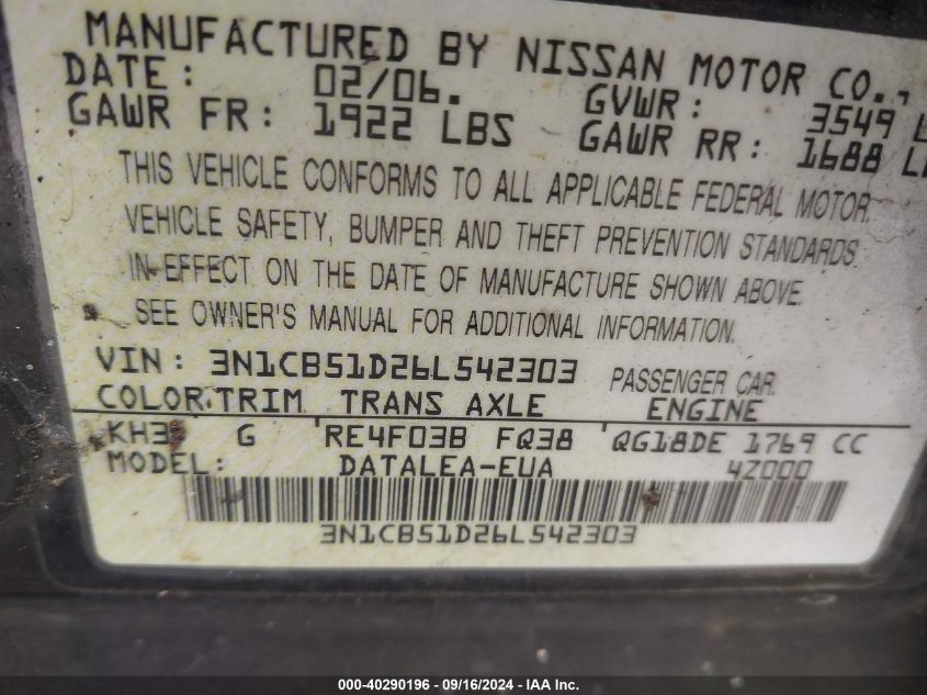 2006 Nissan Sentra 1.8S VIN: 3N1CB51D26L542303 Lot: 40290196