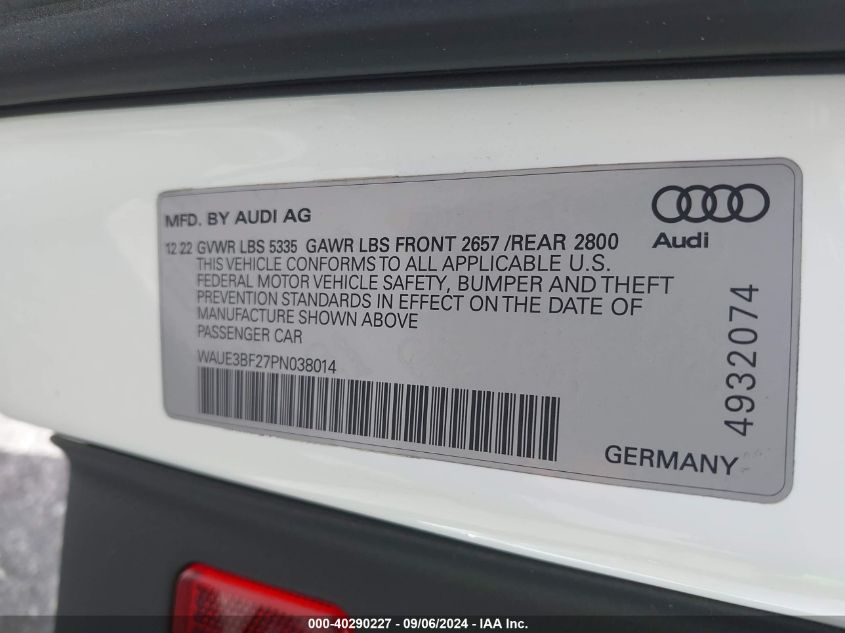 2023 Audi A6 Premium Plus 45 Tfsi Quattro S Tronic VIN: WAUE3BF27PN038014 Lot: 40290227