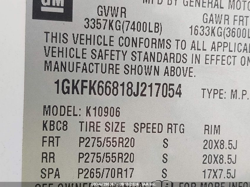 2008 GMC Yukon Xl 1500 Denali VIN: 1GKFK66818J217054 Lot: 40290367