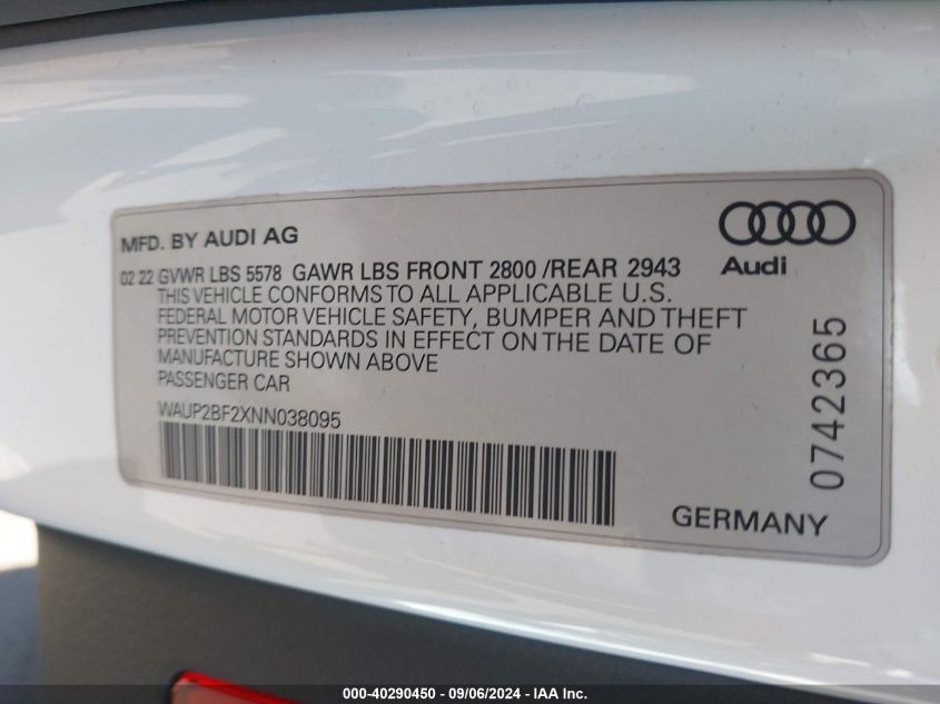 WAUP2BF2XNN038095 2022 Audi A7 Sportback Premium 55 Tfsi Quattro S Tronic