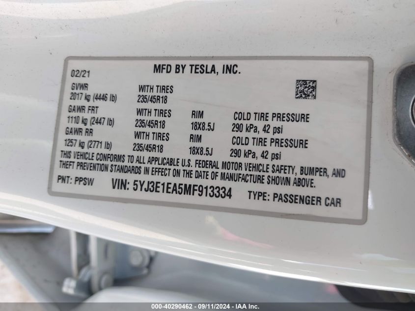 2021 Tesla Model 3 Standard Range Plus Rear-Wheel Drive VIN: 5YJ3E1EA5MF913334 Lot: 40290462