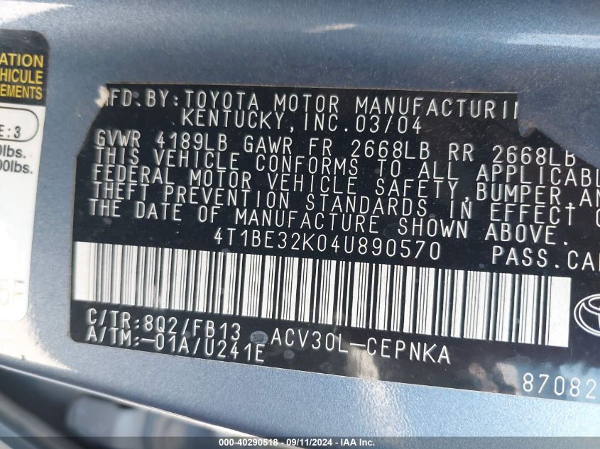 4T1BE32K04U890570 2004 Toyota Camry Le/Xle/Se