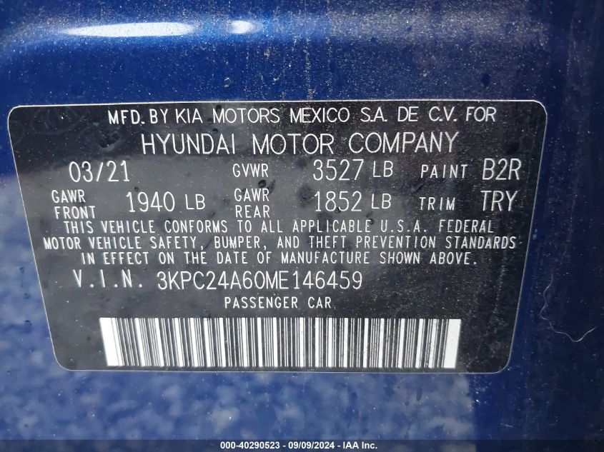 2021 Hyundai Accent Se VIN: 3KPC24A60ME146459 Lot: 40290523