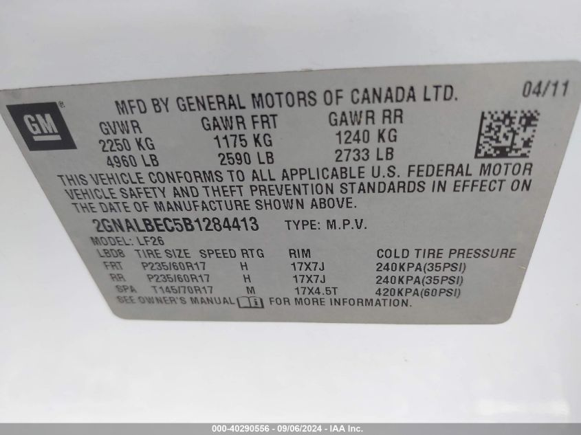 2GNALBEC5B1284413 2011 Chevrolet Equinox Ls