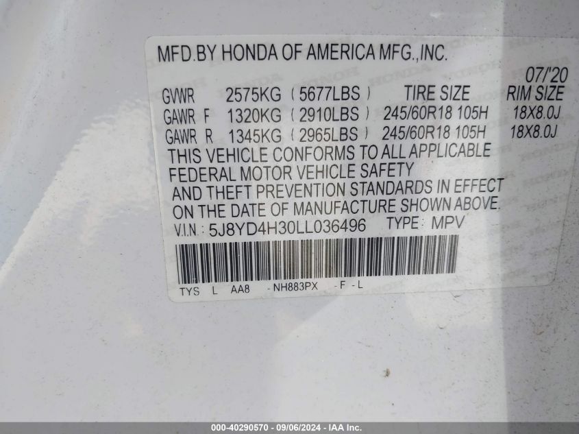 5J8YD4H30LL036496 2020 Acura Mdx Standard