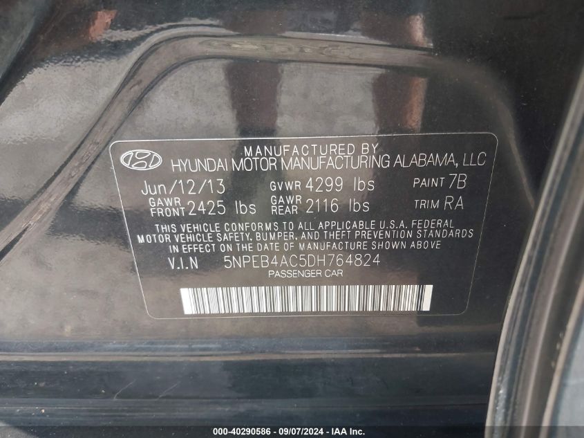 2013 Hyundai Sonata Gls VIN: 5NPEB4AC5DH764824 Lot: 40290586