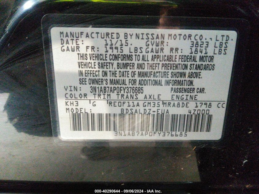 2015 Nissan Sentra Sv VIN: 3N1AB7AP0FY376685 Lot: 40290644