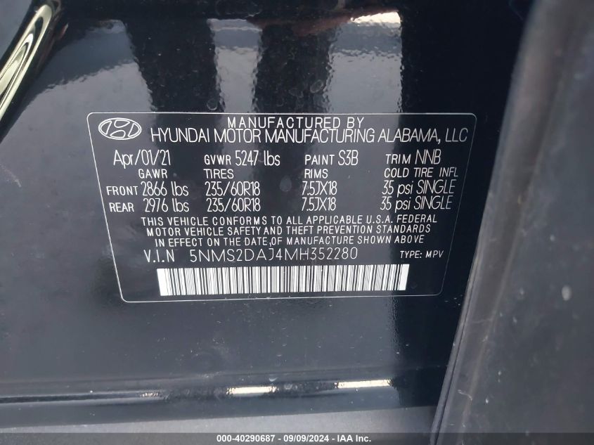 2021 Hyundai Santa Fe Sel VIN: 5NMS2DAJ4MH352280 Lot: 40290687